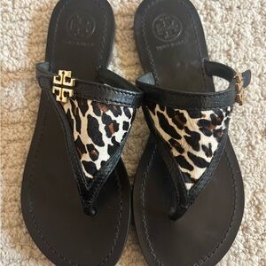 Tory Burch Black and Leopard Thong Sandals